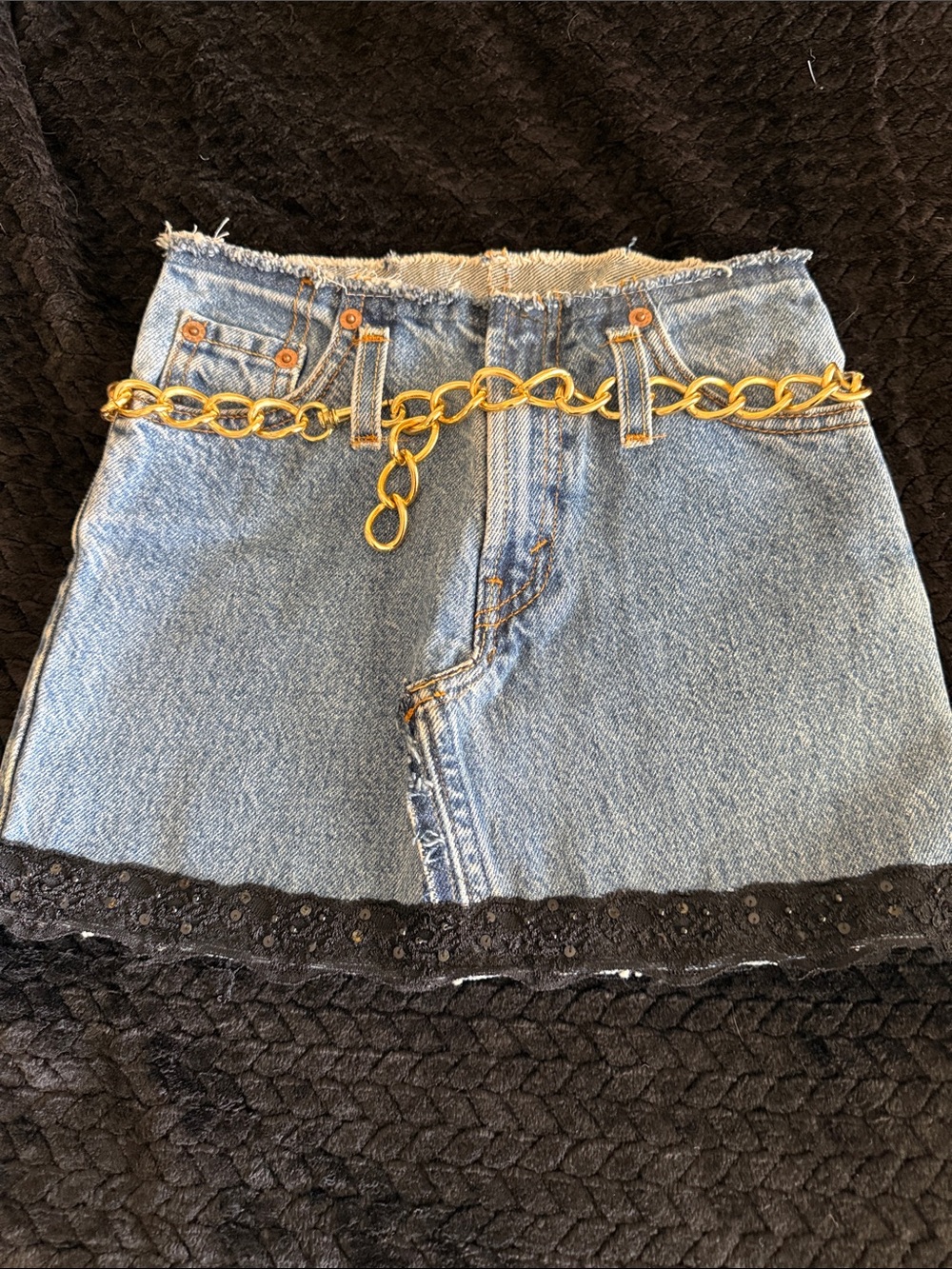 Hope's Light Blue Denim Mini Skirt with Gold Chain Detail